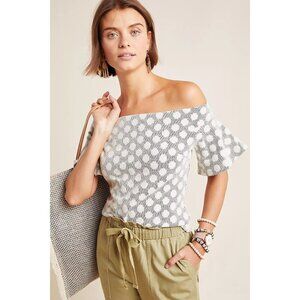 ERI + ALI Anthropologie Womens Top Small Gray Polka Dot Off Shoulder Jacquard